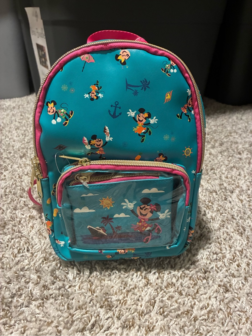 Disney Teal Mini Backpack with Pink Trim and Tropical Mickey Print